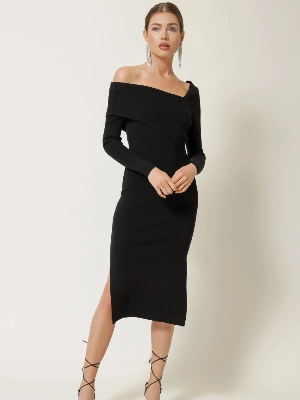NWT Line & Dot EVEREVE Black Off Shoulder Ribbed Knit Midi Dress L